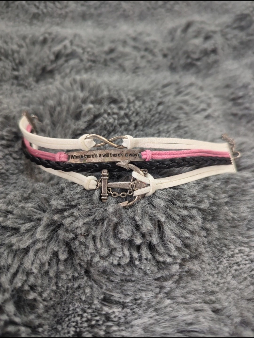 Multi-Strand Pink, White & Black Anchor Bracelet
